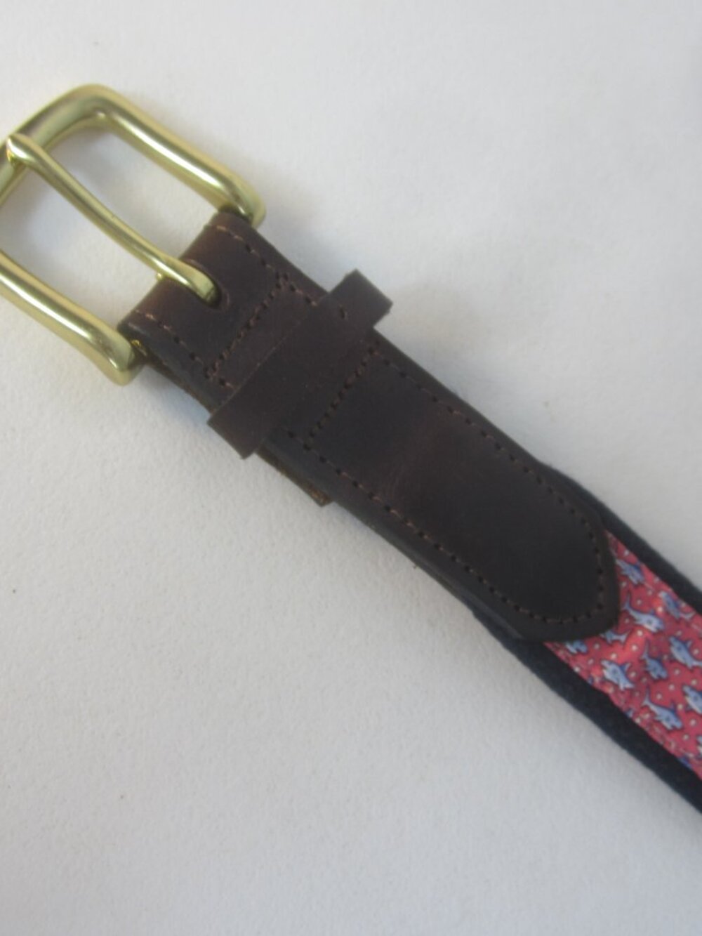Vineyard Vines Belt 36 Navy Pink Brown Leather Shark Belt Brass Bu 34 - 38 - Picture 7 of 10